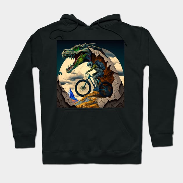 Interesting abstract cartoon mountain biker riding with a dinosaur? Hoodie by Liana Campbell